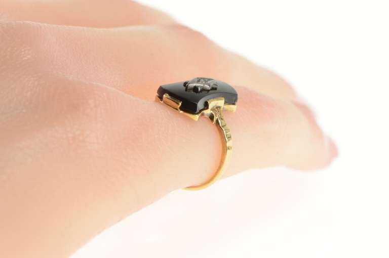 10K Yellow Gold Art Deco Curved Black Onyx Diamond Statement Ring