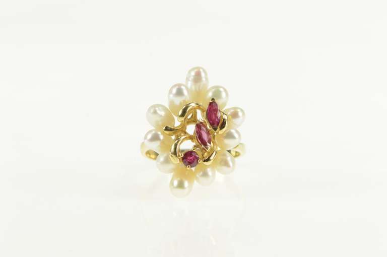 14K Yellow Gold Ruby Pearl Halo Cluster Statement Cocktail Ring