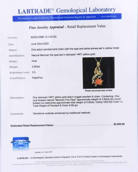 Dreamy Yellow Gold Mexican Fire Opal and Diamond Nugget Pendant on Chain