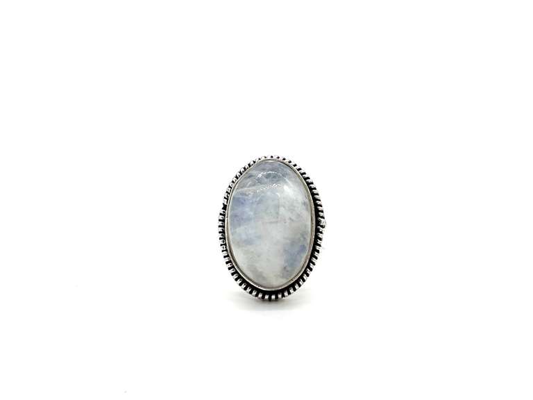 Cabochon Rainbow Moonstone with Blue Sheen Labradorite in Tibetan Silver Energy Ring
