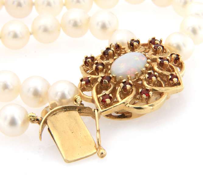 Cultured Pearl Garnet and opal Clasp Double Strand Bracelet