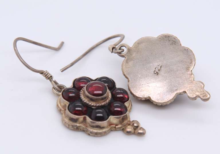 Vintage Sterling Silver Garnet Flower Style Dangle Earrings