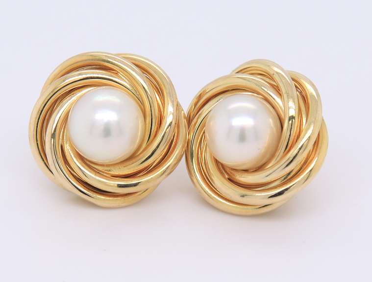 Fantastic Yellow Gold Pearl Love Knot Earrings