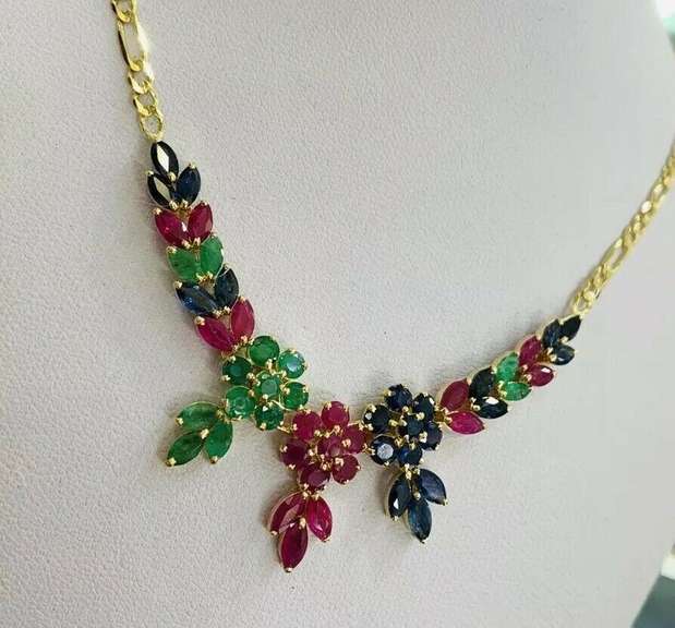 14kt Solid Yellow Gold, Ruby, Emerald, & Blue Sapphire Necklace