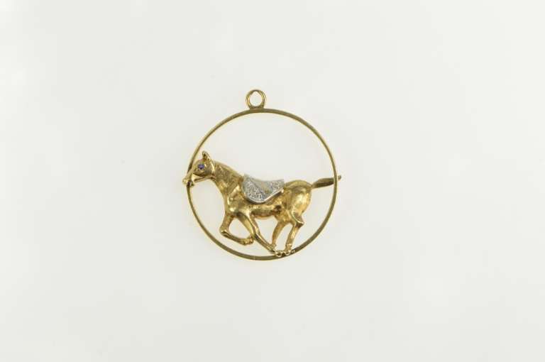 14K Yellow Gold 1960's Diamond Race Horse Medallion Charm/Pendant