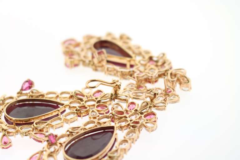 18k Gold Ruby and Tourmaline and Topaz Estate Earring & Pendant Chandellier Style Jewelry Suite Set