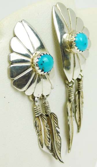 Vintage Sterling Navajo Turquoise Feather Earrings