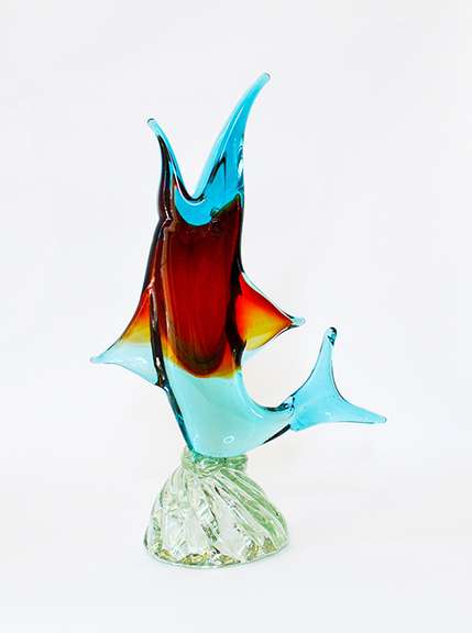 Vintage Mid Century Murano Heavy Blown Glass Fish Vase in Tones of Aqua Blue and Redish Brown, With Clear Base