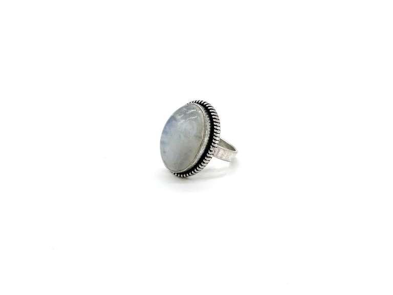 Cabochon Rainbow Moonstone with Blue Sheen Labradorite in Tibetan Silver Energy Ring