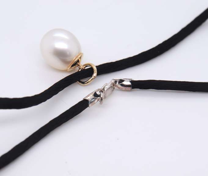 14kt Yellow Gold South Sea Pearl Slide Pendant on Black cord Necklace with 925 sterling silver Clasp