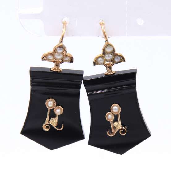 Antique Black Onyx Seed Pearl Drop Dangle Earrings in Yellow Gold