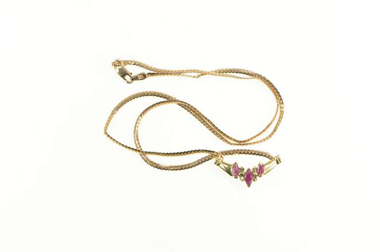 10K Yellow Gold Marquise Ruby Diamond Chevron Herringbone Necklace