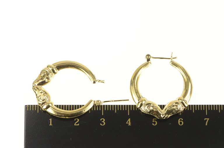 14K Yellow Gold Puffy Ornate Ram Aries Statement Hoop Earrings