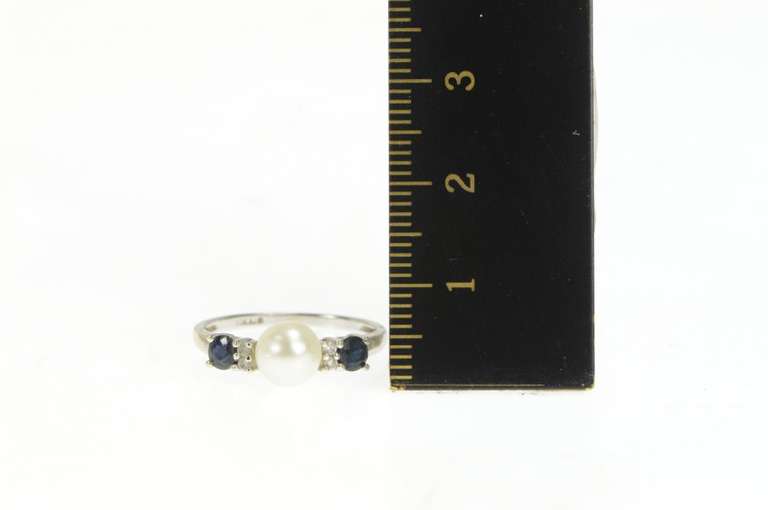 10K White Gold Pearl Sapphire Diamond Classic Statement Ring