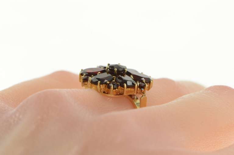 14K Yellow Gold Retro Ornate Pear Garnet Halo Cluster Ring