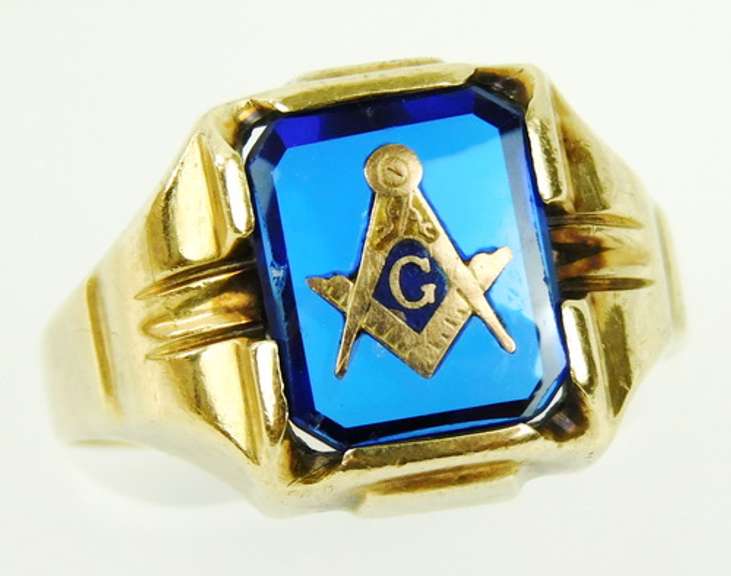 Deco 10K Gold Masonic Ring, Size 12.5