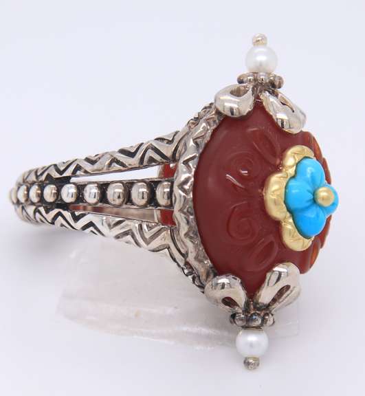 925Sterling Silver Bixby Pearl, Turquoise and Glass Ring