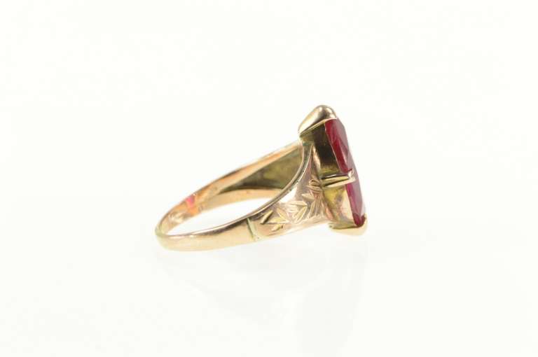 10K Yellow Gold Art Deco Etched Vine Syn, Marquise Ruby Ring