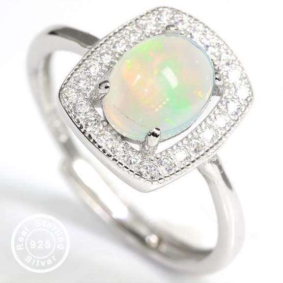 GENUINE ETHIOPIAN OPAL & CREATED WHITE SAPPHIRE 925 STERLING SILVER ADJUSTABLE RING