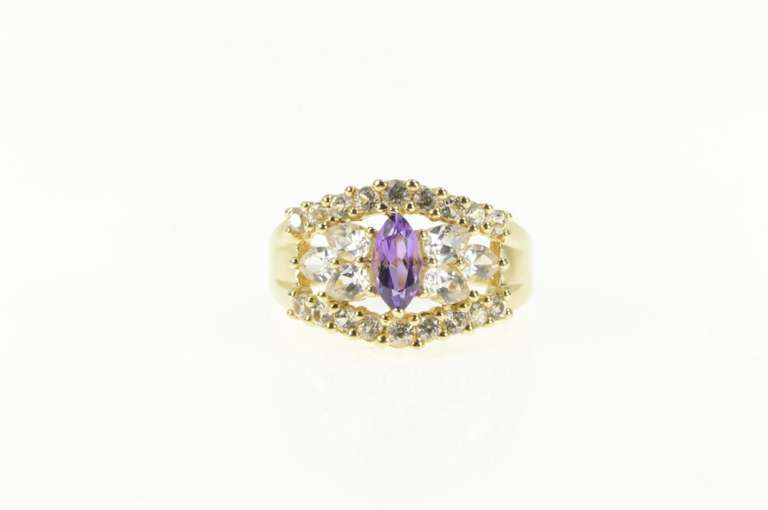 10K Yellow Gold Marquise Amethyst CZ Encrusted Statement Ring
