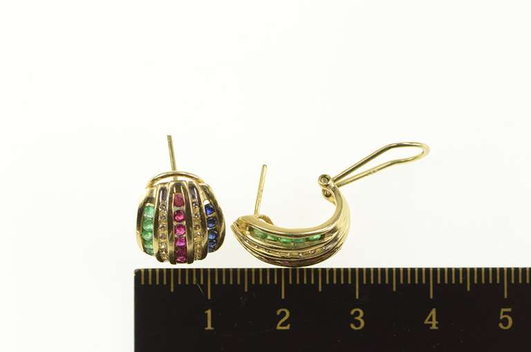 10K Yellow Gold 1.07 Ctw Diamond Emerald Ruby Sapphire Earrings