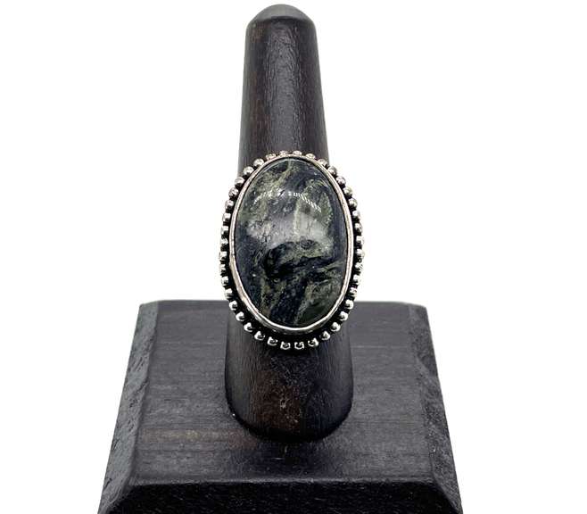 Oval Statement Kambaba Jasper in Tibetan Silver Beaded Design Ring