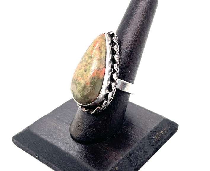 Unakite Jasper Tear-Drop Shaped Statement in Rope Designed Tibetan Silver Ring