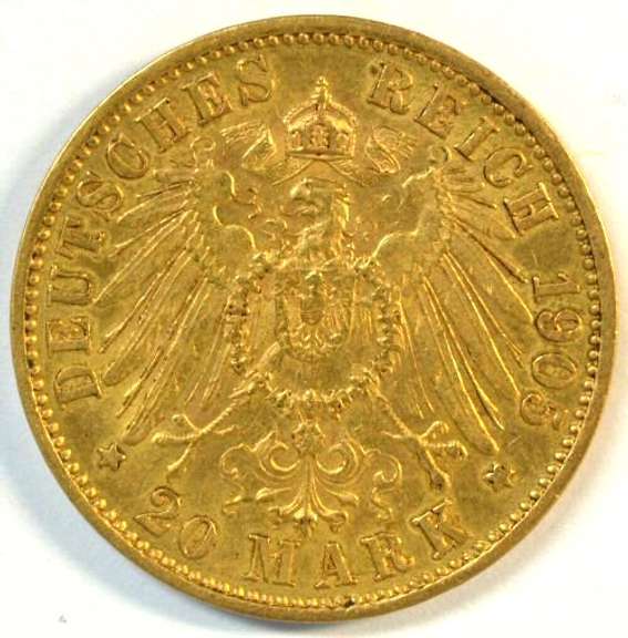 Very Scarce 1905-F Germany 20 Marks Gold Piece (Wurttemberg). Nice