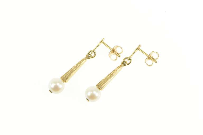 14K Yellow Gold Pearl Diamond Cut Ornate Dangle Statement Earrings