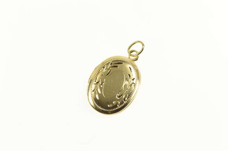 14K Yellow Gold Etched Floral Vine Picture Photo Locket Charm/Pendant