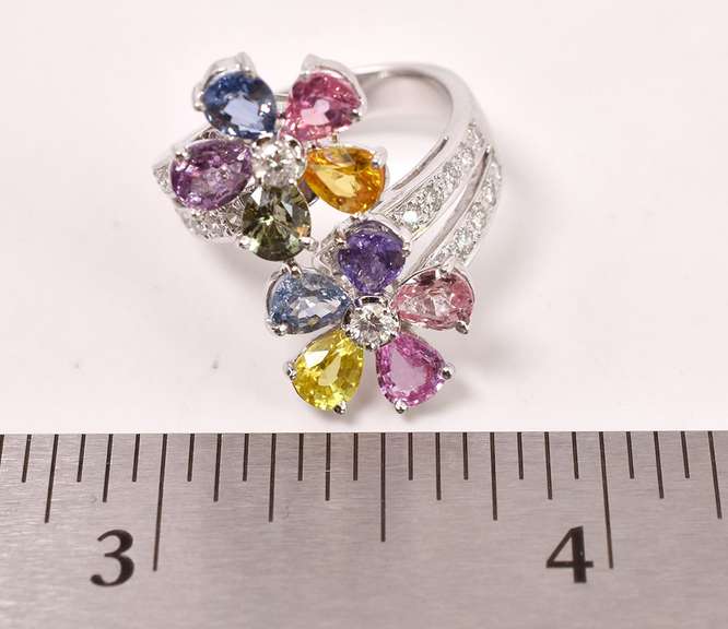 Stunning Floral Multi-Color Sapphire and Diamond Ring in 18K White Gold