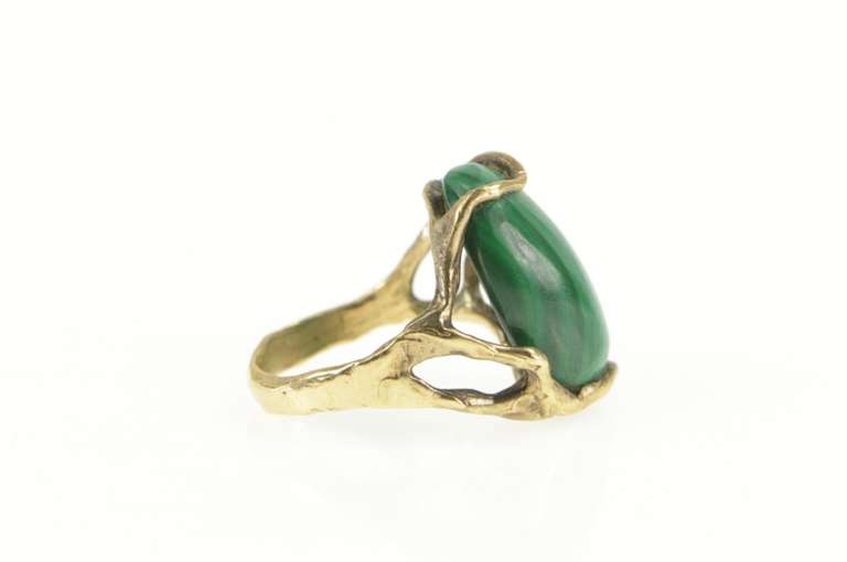 14K Yellow Gold Oval Malachite Cabochon Abstract Tree Branch Ring