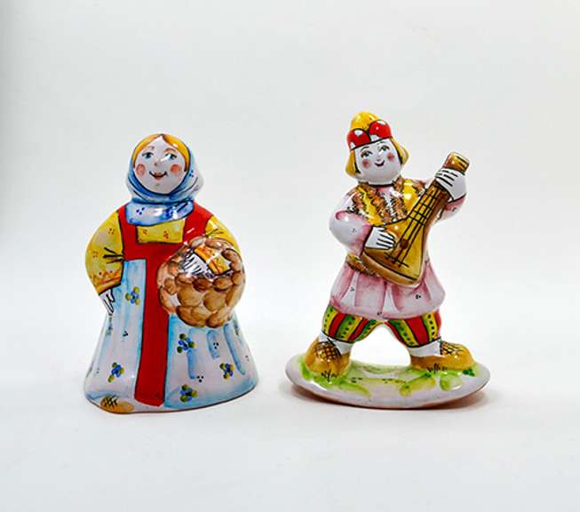 Vintage Hungry Pottery Figurines, Man Playing the Balalaika and Bell in the Shape of a Woman