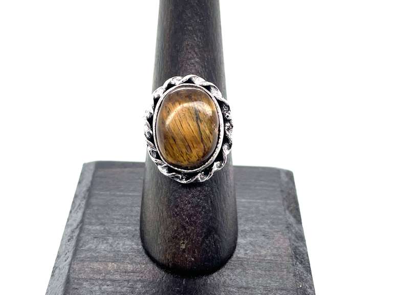 Petite Tiger's Eye in Rope Design Tibetan Silver Ring