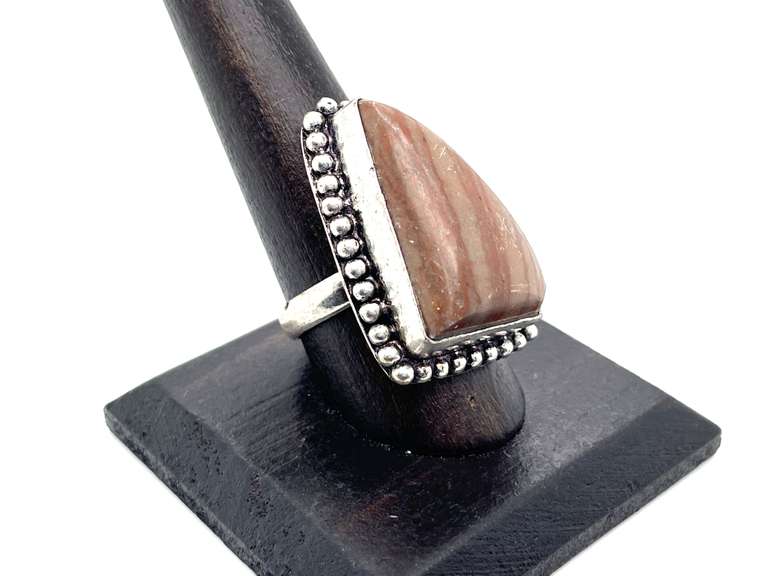 Striped Natural Stone Statement Ring in Tibetan Beaded Silver Design
