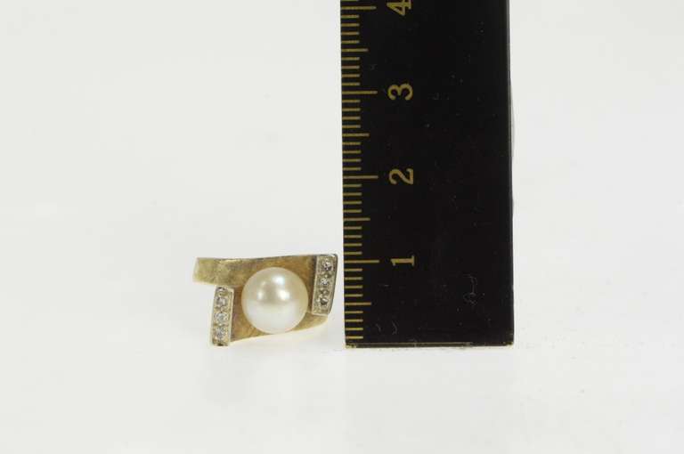 14K Yellow Gold 1960's Pearl Diamond Squared Bypass Ring