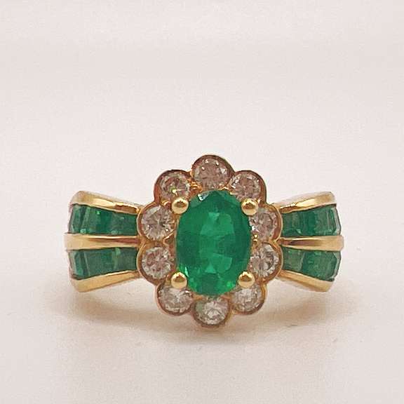 18kt Yellow Gold, Emerald, & Diamond Cocktail Ring