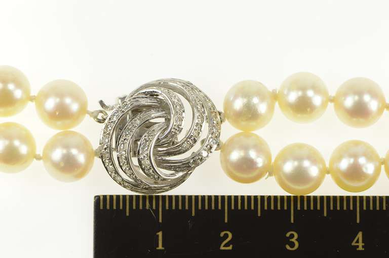 14K White Gold 1940's Two Strand Pearl Diamond Clasp Necklace