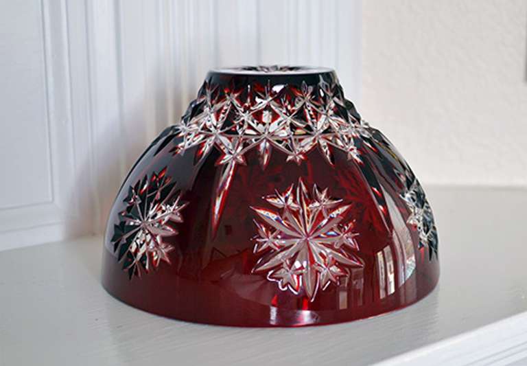 Gorgeous Heavy Cranberry Red Cut to Clear 24 Pbo Crystal Bowl With Snowflakes Pattern