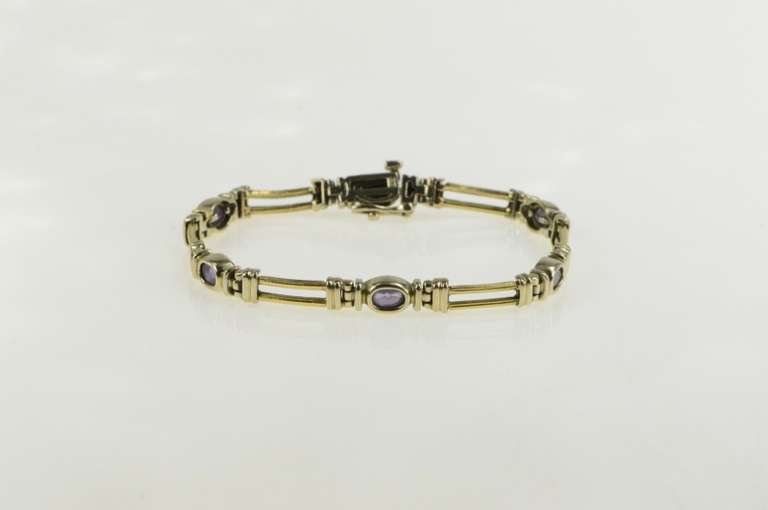 14K Yellow Gold Oval Amethyst Inset Squared Bar Link Tennis Bracelet