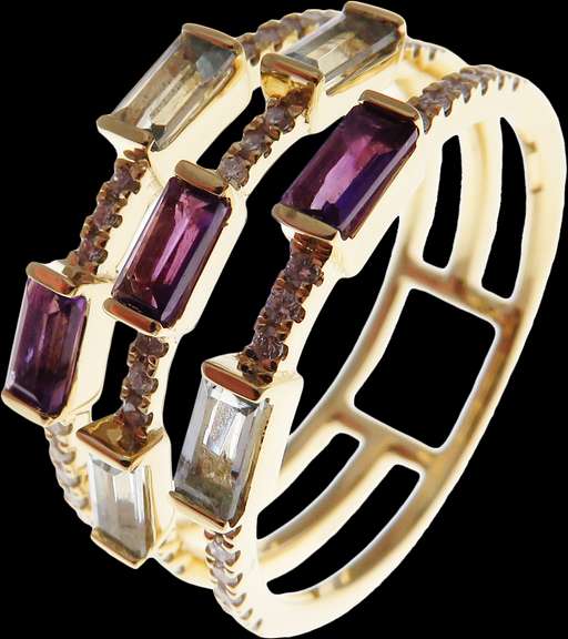 Imposing Triple Tiered Amethyst and Topaz 18k Gold Ring with Diamonds