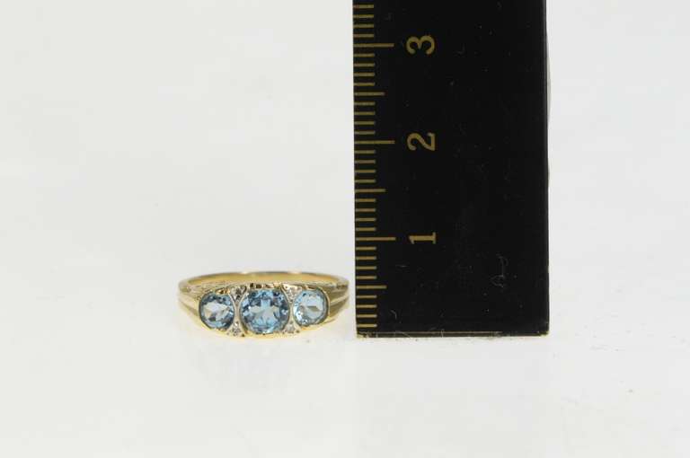 14K Yellow Gold Three Stone Blue Topaz Diamond Statement Ring