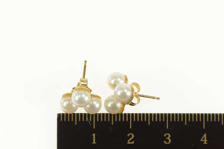 14K Yellow Gold Pearl Clover Shamrock Retro Cluster Stud Earrings