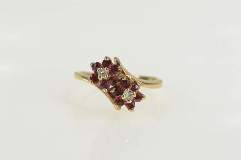 10K Yellow Gold Diamond Ruby Flower Halo Cluster Bypass Ring