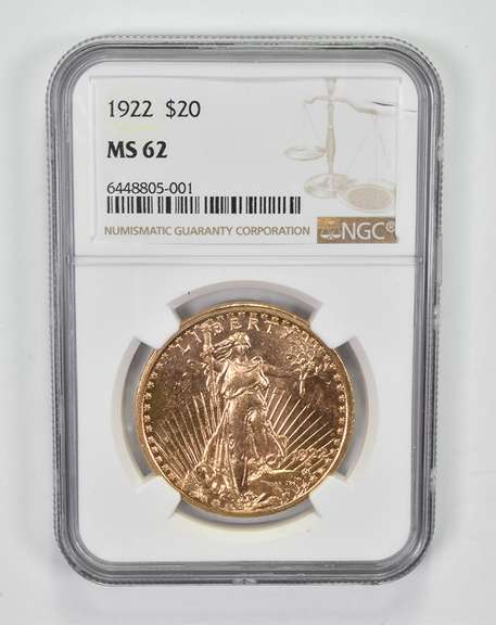 MS62 1922 $20 Saint-Gaudens Gold Double Eagle - Graded NGC