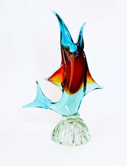 Vintage Mid Century Murano Heavy Blown Glass Fish Vase in Tones of Aqua Blue and Redish Brown, With Clear Base
