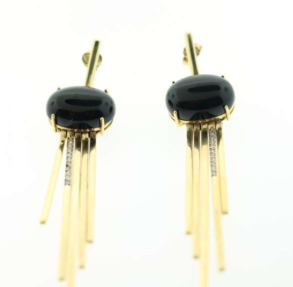 Fashionable Art Deco Black Tourmaline Earrings with 18k Yellow Gold
