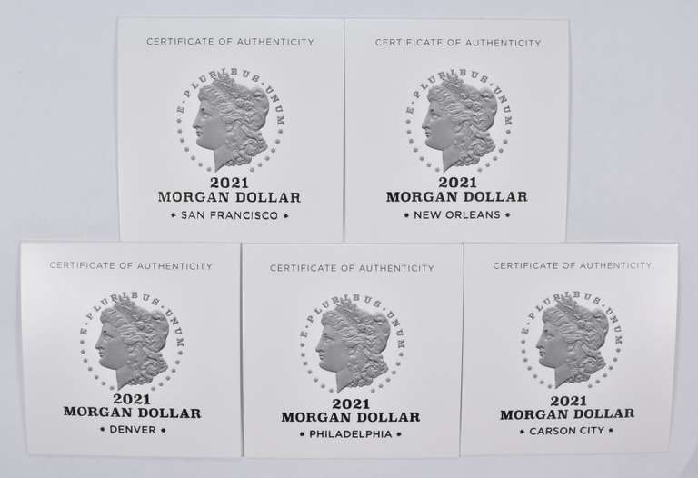 (5) 2021 D, O, S, CC, P Morgan Silver Dollar Anniv COA Signed No Coin