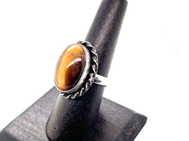 Petite Tiger's Eye in Rope Design Tibetan Silver Ring