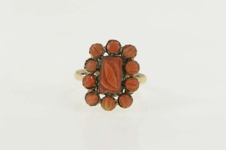 14K Yellow Gold Ornate Victorian Carved Coral Halo Cocktail Ring